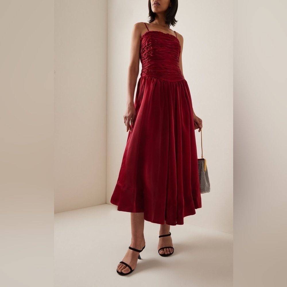 NWT Aje Regent Drop Waist Ruched Strapless A Line Midi Dress Garnet Red